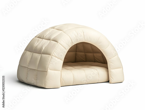 Beige quilted dog igloo bed, indoor pet house photo