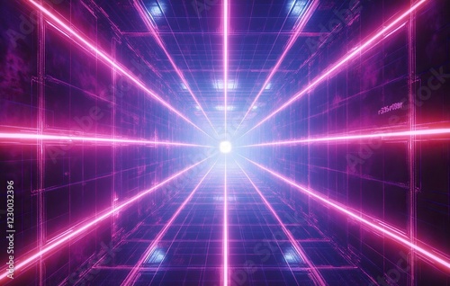 Abstract background with neon rays, glowing lines, and light effects. Vector illustration of futuristic glow in a dark room or dance club interior design.