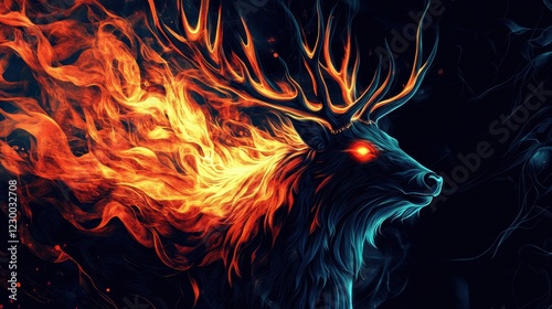 Fiery Stag Embraces the Night Mystical Wildlife Digital Art photo