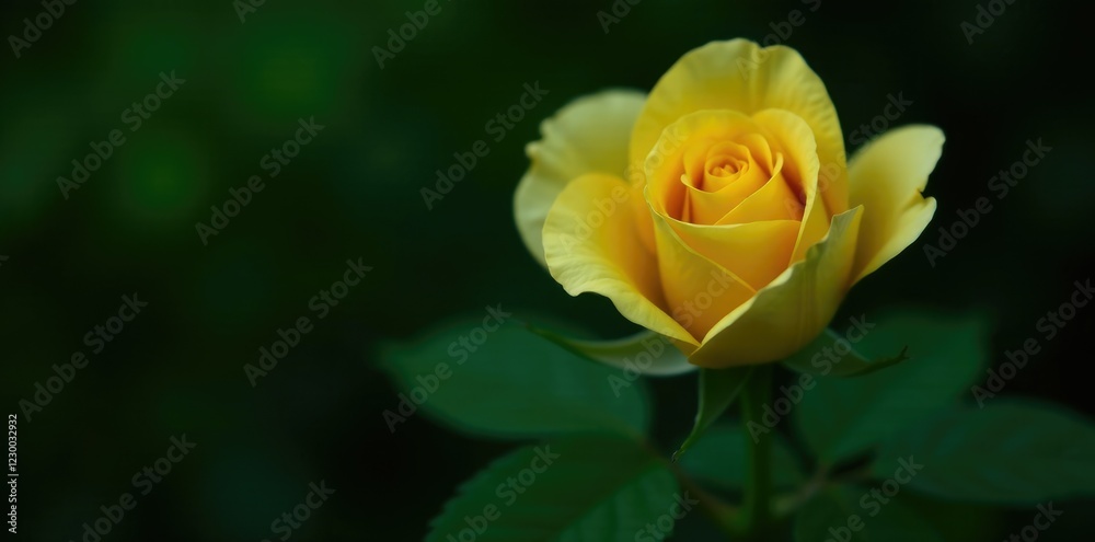 Single delicate yellow rose bloom against rich dark green foliage, roses, botanical Single delicate yellow rose bloom against rich dark green foliage, roses, botanical