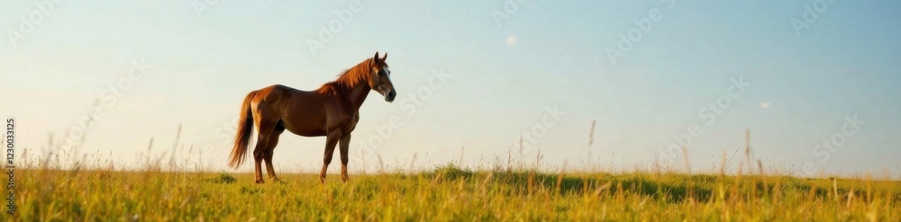 Horse standing alone in the field, grassy field, countryside Horse standing alone in the field, grassy field, countryside