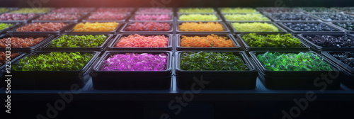 Vibrant rows of colorful edible ingredients in eco friendly containers, showcasing variety of hues and textures photo