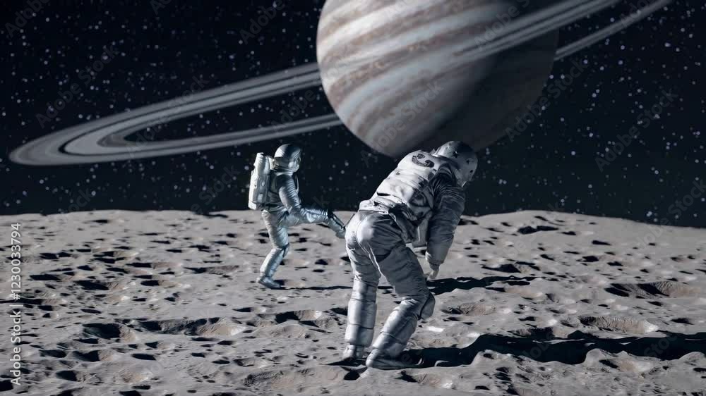 Two astronauts in spacesuits playing soccer on the moon's surface, with jupiter and its rings visible in the background, highlight the marvels of space exploration