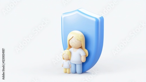 A mother and child stand together behind a blue shield, symbolizing protection and safety.