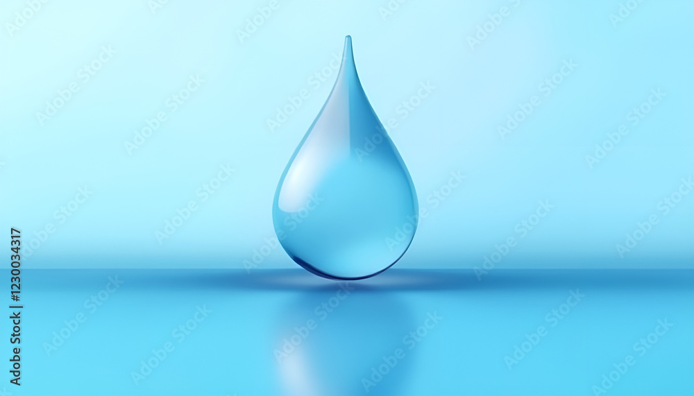 Crystal clear water droplet against a soft blue background reflecting its shape Crystal clear water droplet against a soft blue background reflecting its shape