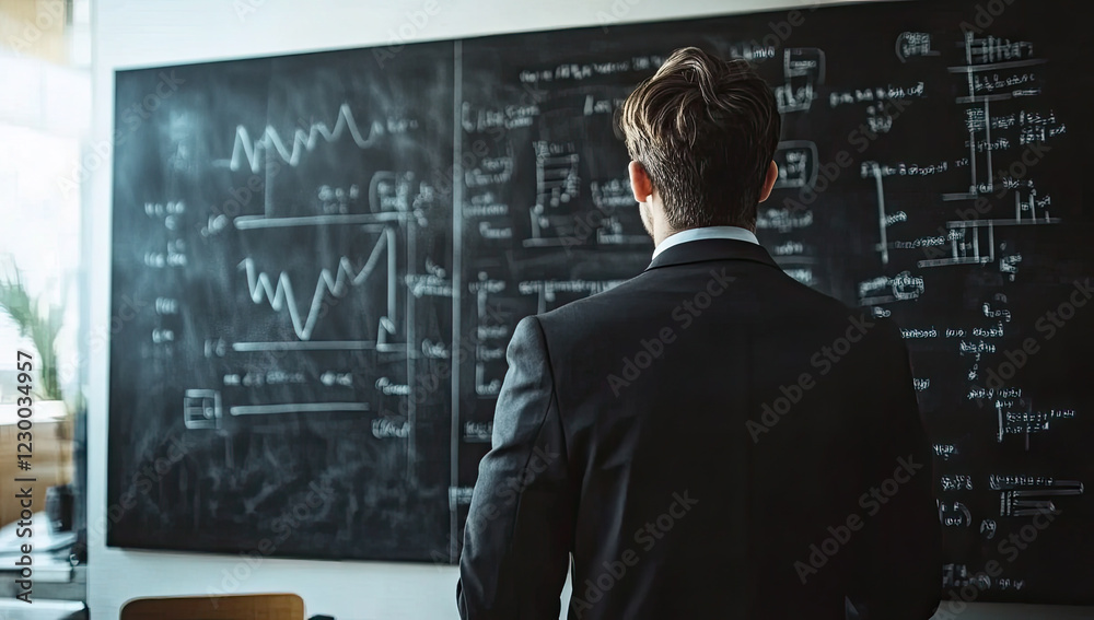 Businessman Analyzing Complex Data on a High-Tech Chalkboard Businessman Analyzing Complex Data on a High-Tech Chalkboard
