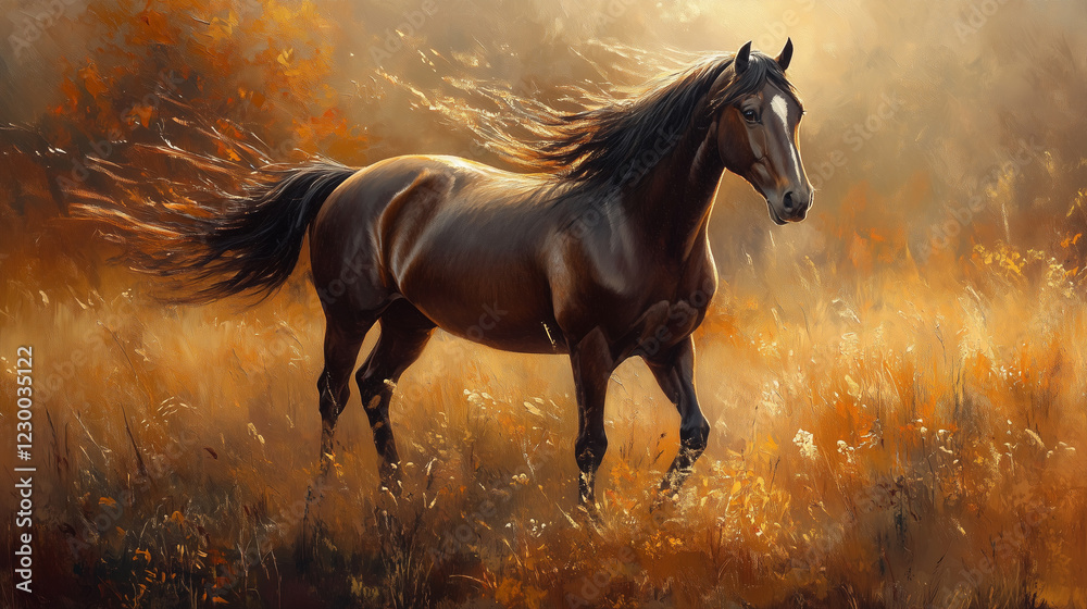A horse with a glossy Mocha Mousse coat standing in a sunlit field, its mane gently blowing in the wind A horse with a glossy Mocha Mousse coat standing in a sunlit field, its mane gently blowing in the wind