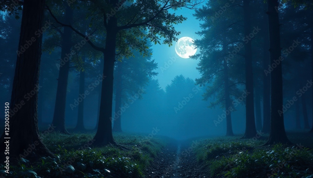 Fototapeta premium Twinkling moonlight filtering through dense woodland foliage cast silver shadows on forest floor, lunar, mystical, trees