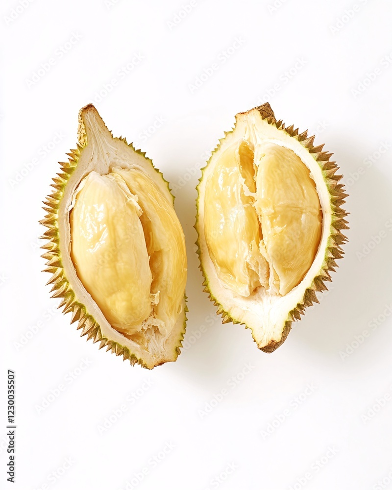 Two halves of a durian fruit placed side by side, highlighting the golden edible sections Two halves of a durian fruit placed side by side, highlighting the golden edible sections