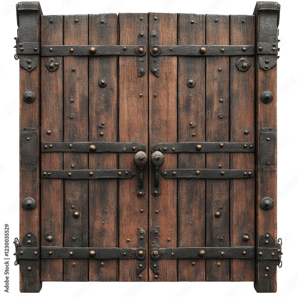 Weathered wooden double doors with metal accents and intricate detailing create a rustic and sturdy appearance. Weathered wooden double doors with metal accents and intricate detailing create a rustic and sturdy appearance.