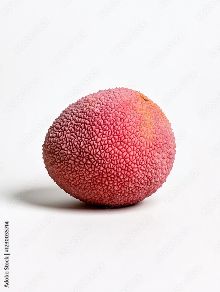 Single Lychee on White Background, Rough Pink Shell with Soft Focus Single Lychee on White Background, Rough Pink Shell with Soft Focus