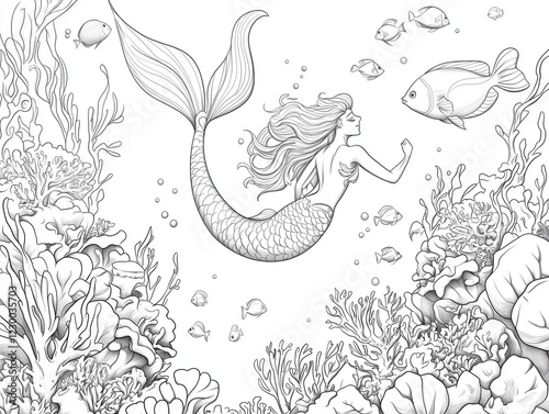 Beautiful Mermaid Swimming Underwater - Coloring Page for Kids and Adults  
