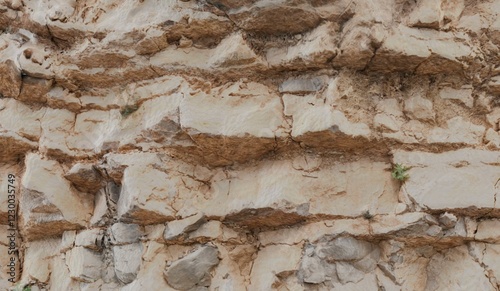 Photos Light beige cliff face texture, layered rock formation, desert plants, arid land