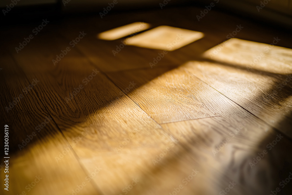 A close-up of a wooden floor illuminated by natural sunlight, casting geometric shadows that create a warm and cozy atmosphere.