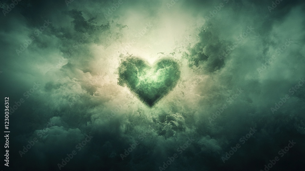 Glowing Heart Energy, vibrant depiction of a heart enveloped in luminous green energy, symbolizing health and vitality in an abstract form