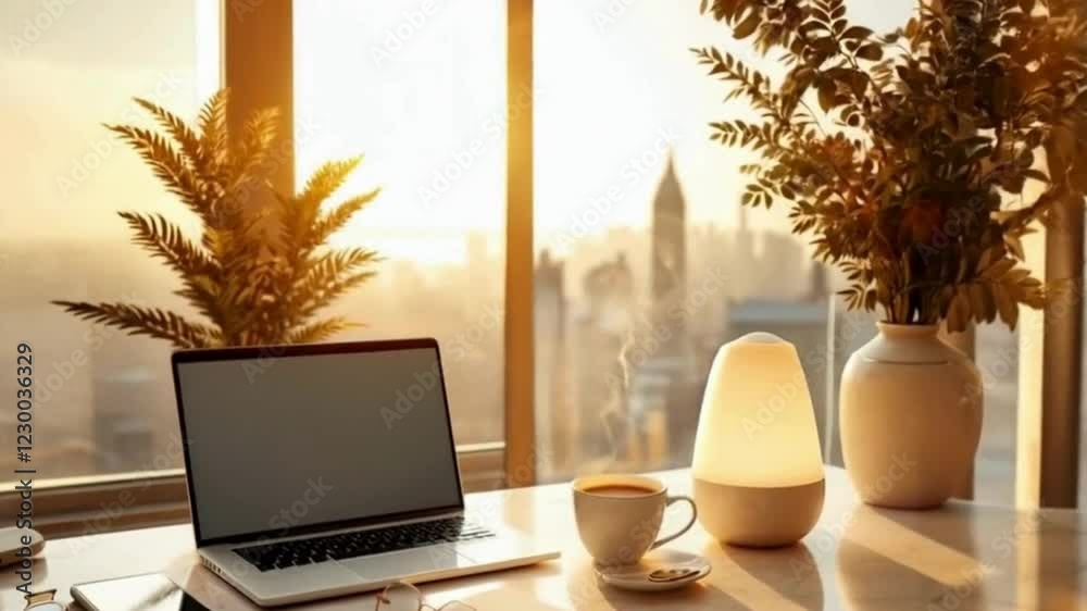 A sleek, modern, delicate office table having laptop and other accessories 