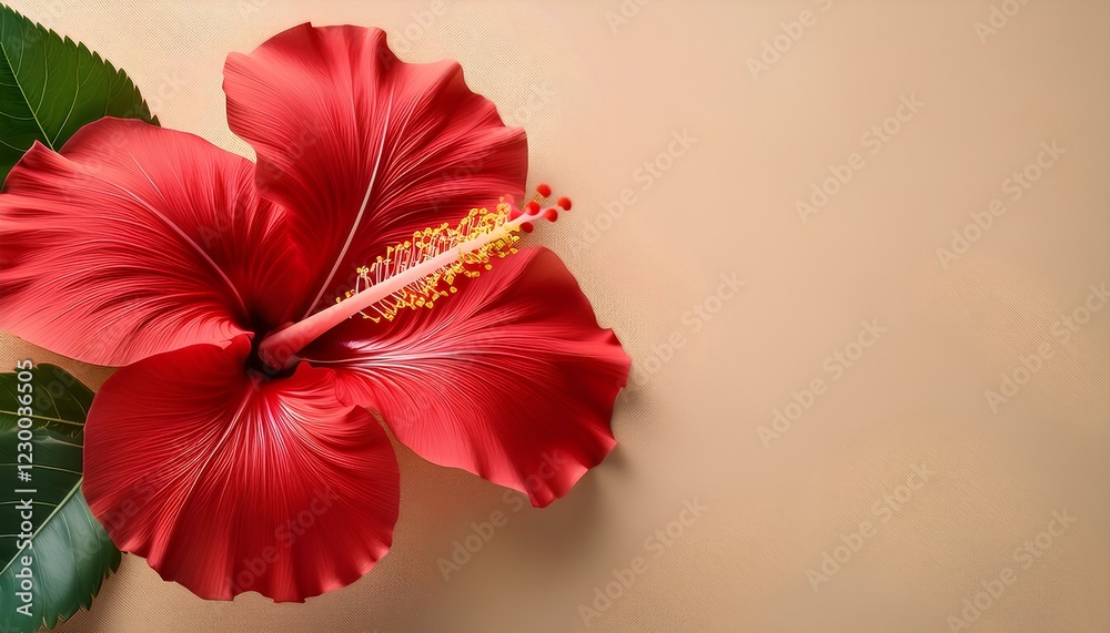 Obraz premium Red hibiscus on beige Background with copy space.