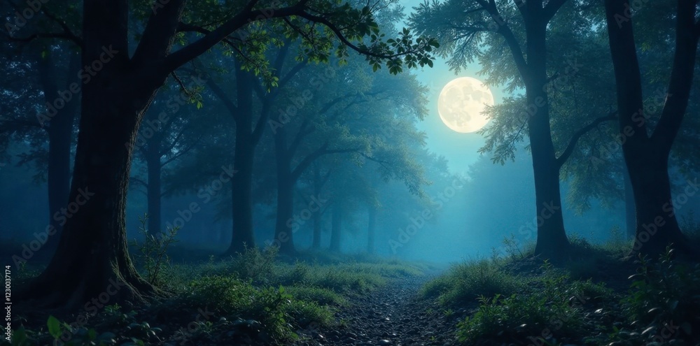 Obraz premium Twinkling moonlight filtering through dense woodland foliage cast silver shadows on forest floor, mystical, forest