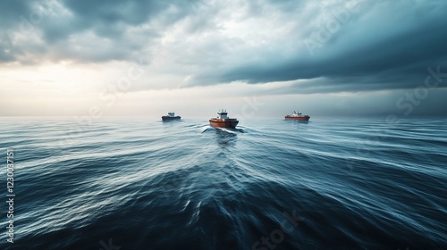 Autonomous fleet tackling ocean pollution, innovative ship design, overcast skies, advanced cleanup technologies, commitment to environmental restoration