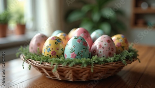 Easter eggs with bright floral patterns in a decorated woven basket on a wooden table