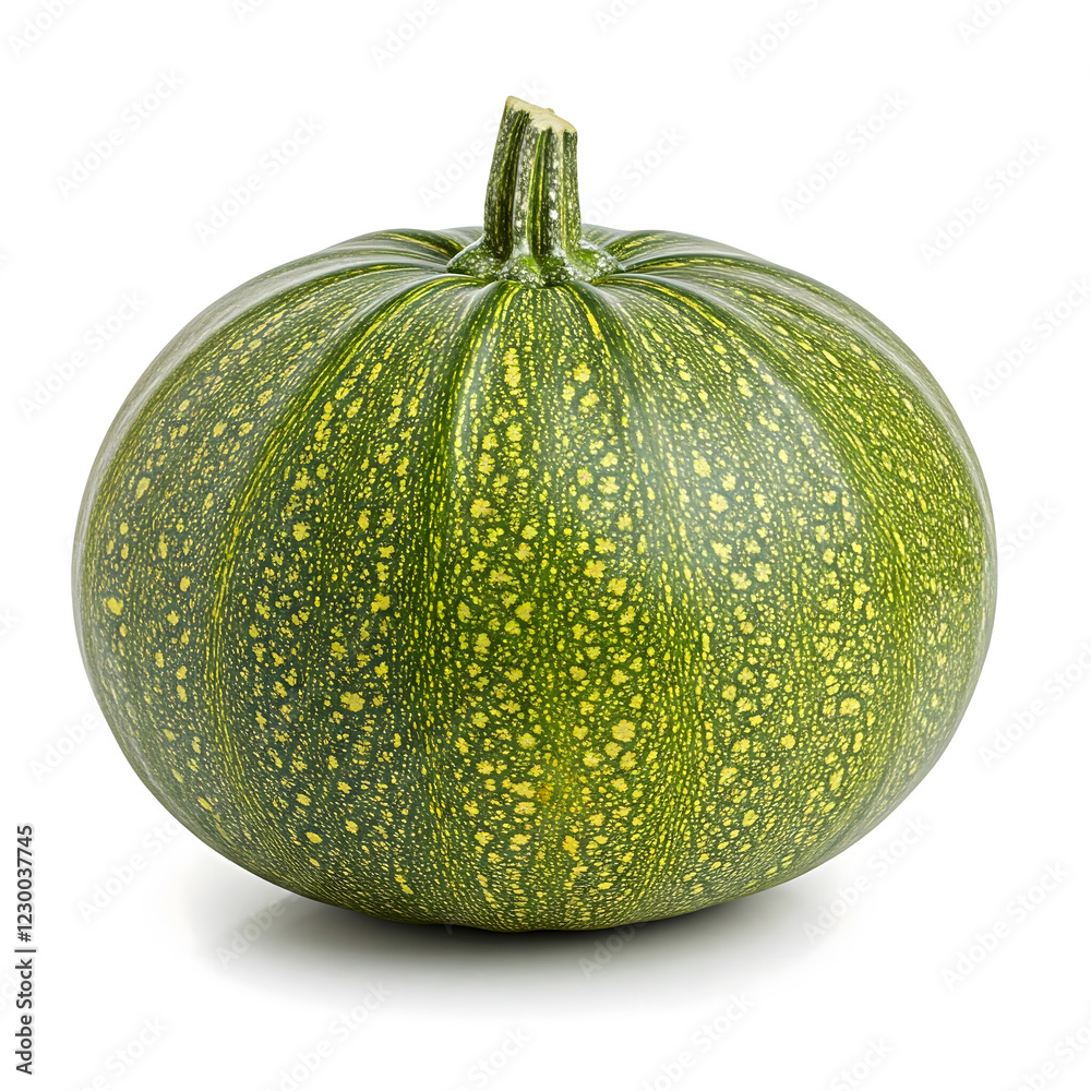 A round, green pumpkin with light yellow speckles, centered against a pure white background