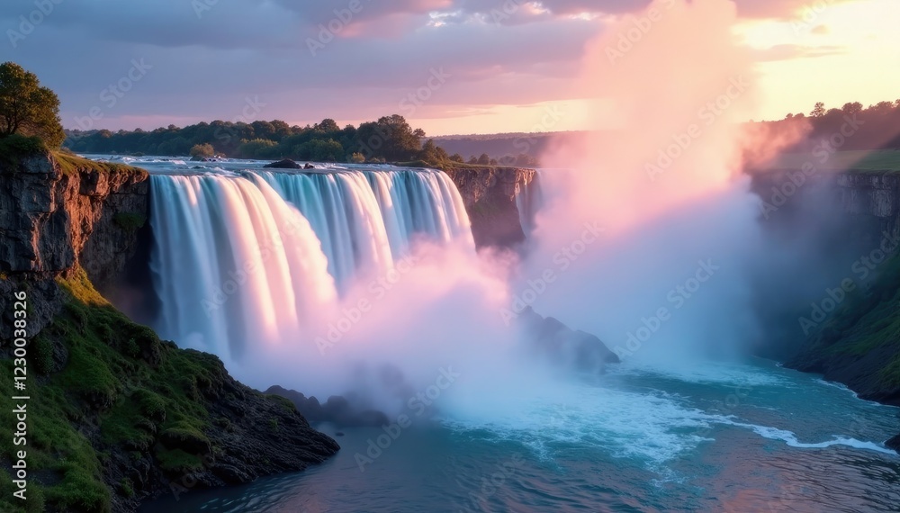 Fototapeta premium Colourful mist rising from the base of a majestic waterfall, nature, waterfall scene, landscape