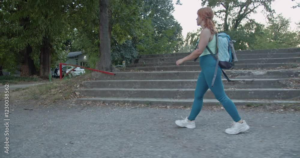 A young woman with a backpack walks through a park on a summer evening. She is wearing fitness attire and enjoying the peaceful atmosphere. A young woman with a backpack walks through a park on a summer evening. She is wearing fitness attire and enjoying the peaceful atmosphere.