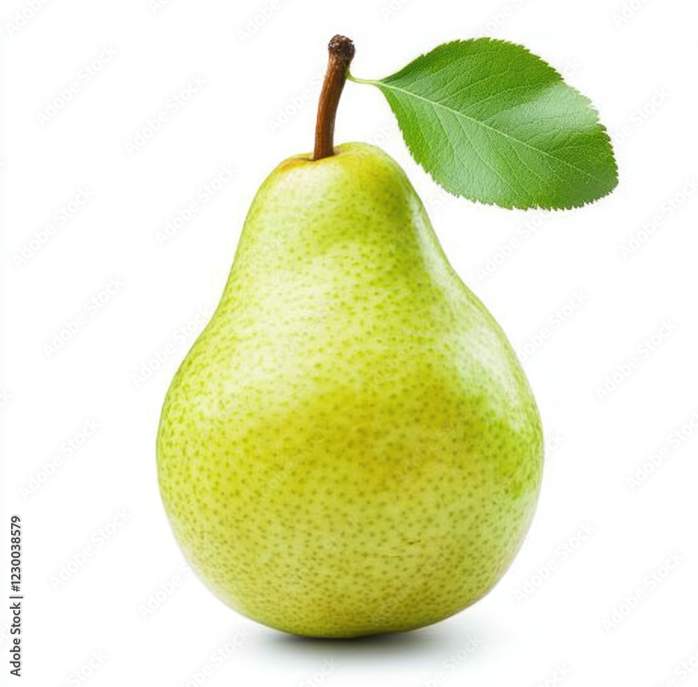 Green pear, leaf, studio shot, white background, healthy food Green pear, leaf, studio shot, white background, healthy food