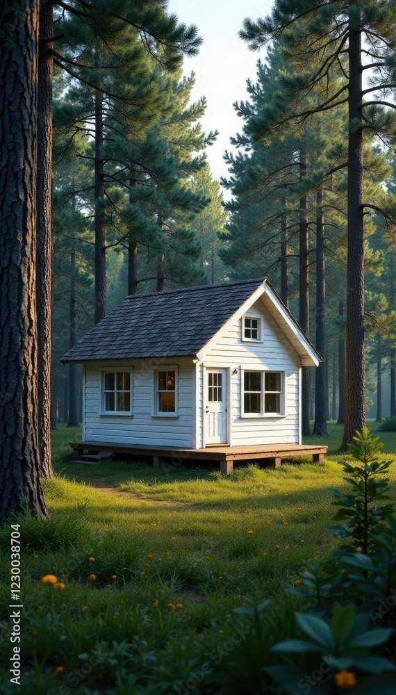 Cozy white cabin nestled among tall pines and cedar trees in a secluded forest, rustic, woods Cozy white cabin nestled among tall pines and cedar trees in a secluded forest, rustic, woods