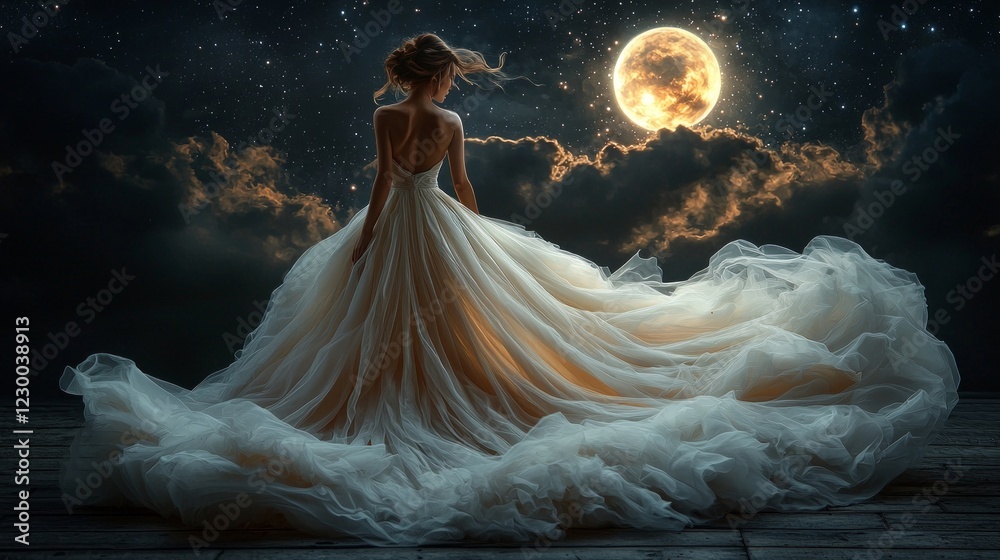 radiant woman envelops glowing planet embodying connection and harmony amidst vast galaxy. Stars twinkle and colorful nebulae enhance her ethereal presence.