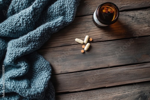 Cozy scene with pills on wooden table next to blue knitted blanket and open medicine bottle