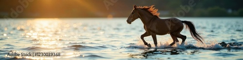 Mare and foal prance in the water, animal, unicorn