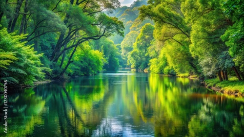 Serene river winding through dense foliage, surrounded by towering trees and vibrant greenery, reflecting a peaceful atmosphere in harmony with nature, lush forest, serene scenery