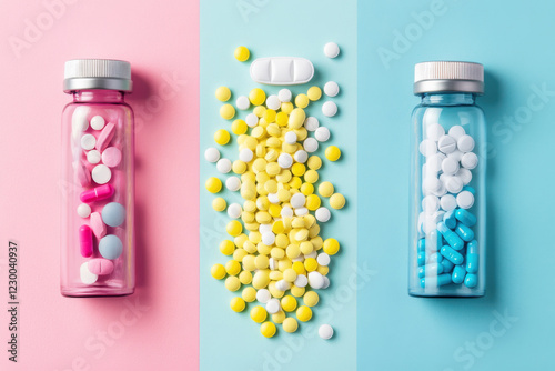 Colorful pills and capsules in glass bottles on pastel backgrounds photo