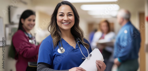 Hispanic female nurse smiling in hospital corridor with medical staff