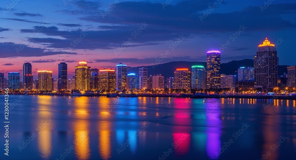 Obraz premium Twilight cityscape with colorful lights reflecting on water