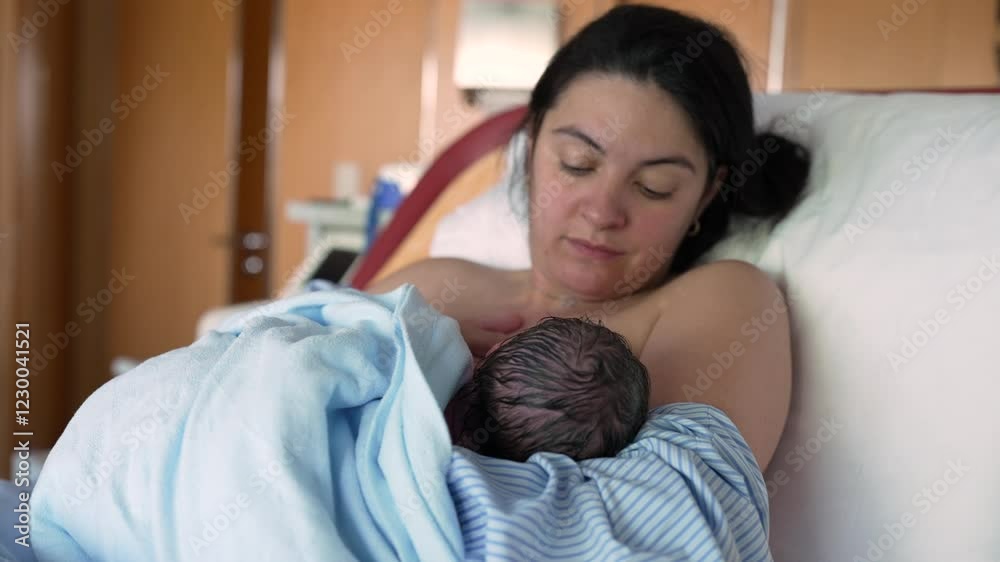 New mother breastfeeding her newborn baby for the first time at ...