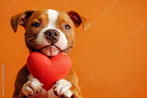 American staffordshire terrier - my preferred dog. Ad campaign concept layout. Cute american staffordshire terrier doggy with companion toy red heart - sign of love, funny greeting card. photo