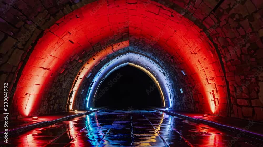 Underground tunnel with neon lights creating a mesmerizing reflection in the water below, evoking a futuristic and mysterious atmosphere