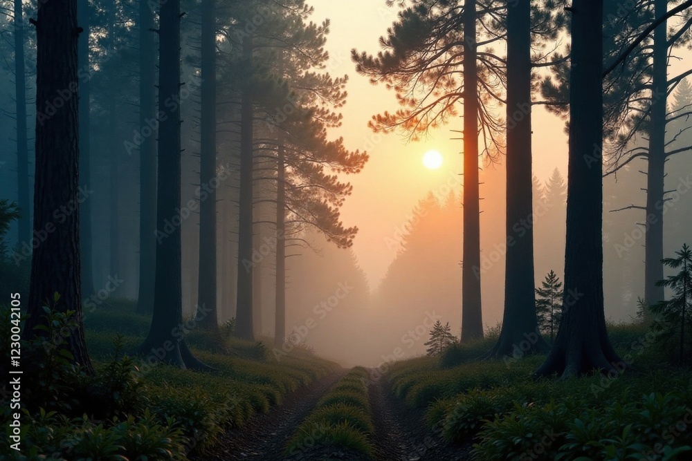 Misty forest at dawn with tall firs and foggy atmosphere, misty, atmosphere, dawn Misty forest at dawn with tall firs and foggy atmosphere, misty, atmosphere, dawn