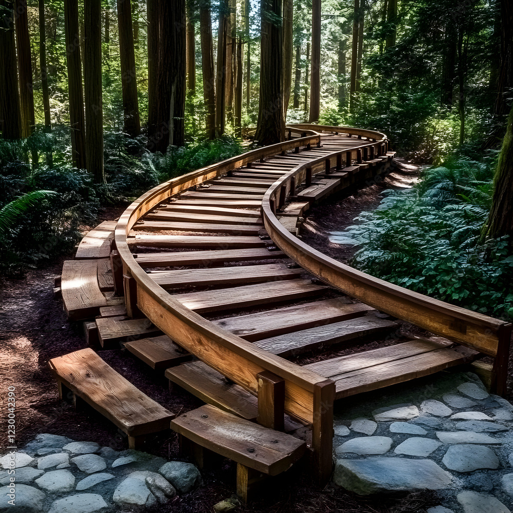 Winding forest path, nature walk, sunlit woods Winding forest path, nature walk, sunlit woods