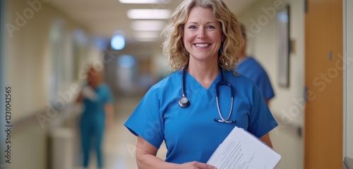 Smiling caucasian female nurse in blue scrubs in hospital corridor