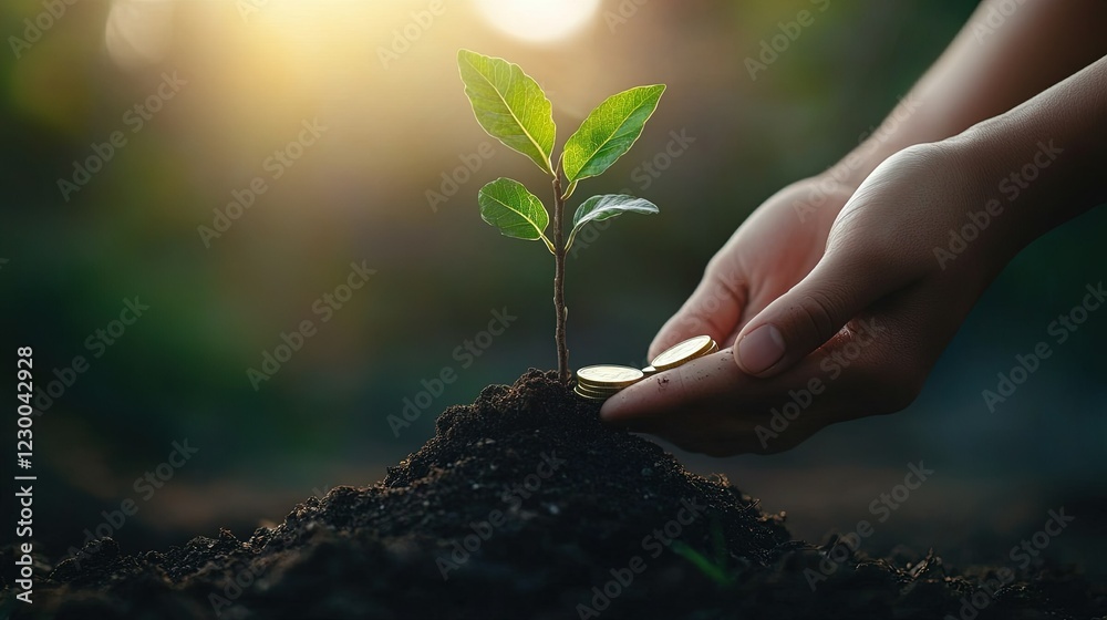 Fototapeta premium Hands nurturing a tree with coins as leaves, symbolizing sustainable investing, green growth, and financial prosperity.