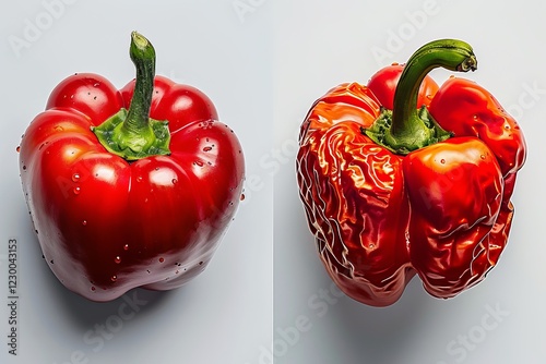 A vibrant red bell pepper, fresh and smooth on the left, contrasting with a wrinkled, aged counterpart on the right. Conceptual Still Life: Fresh vs. Wrinkled Fruit
