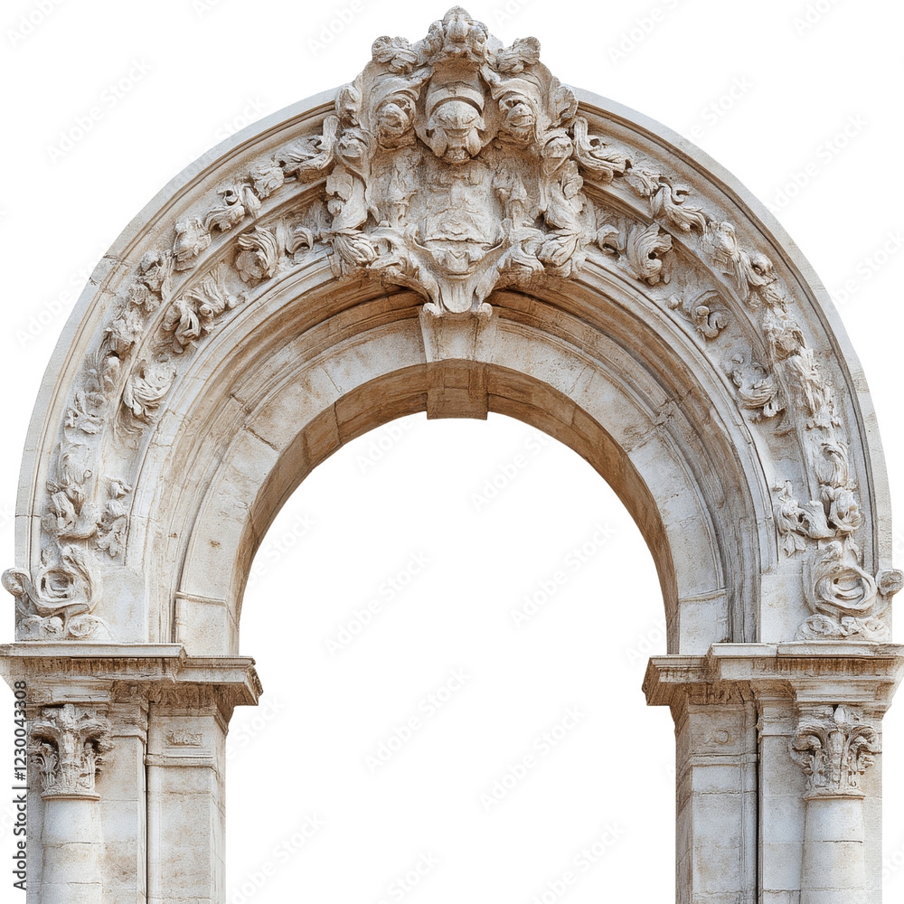 Fototapeta premium An intricately carved stone arch featuring detailed sculptures and a central emblem, showcasing exquisite craftsmanship and historical design.