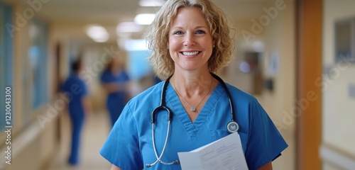 Smiling caucasian female adult nurse in hospital corridor with stethoscope and documents