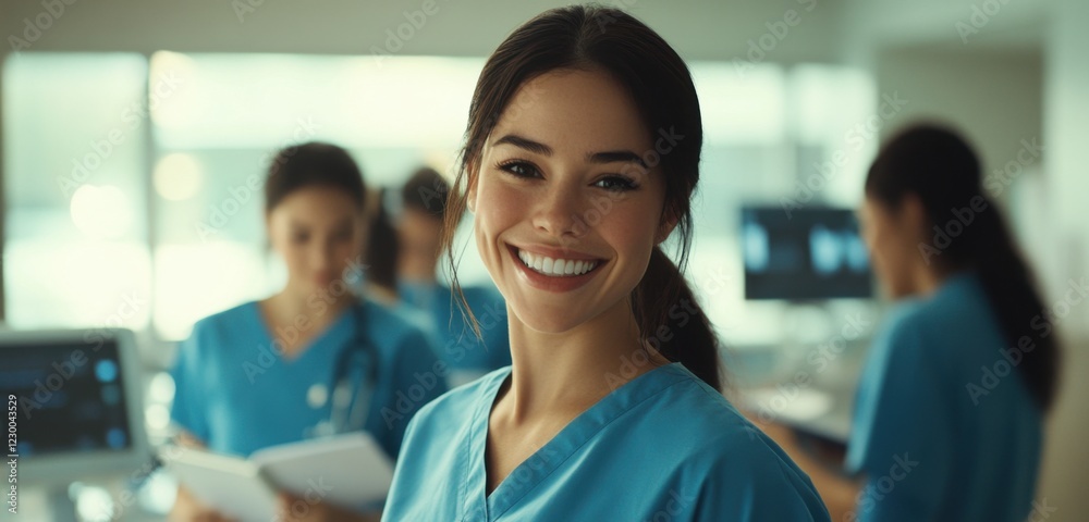 Female hispanic young nurse smiling in healthcare setting with colleagues Female hispanic young nurse smiling in healthcare setting with colleagues