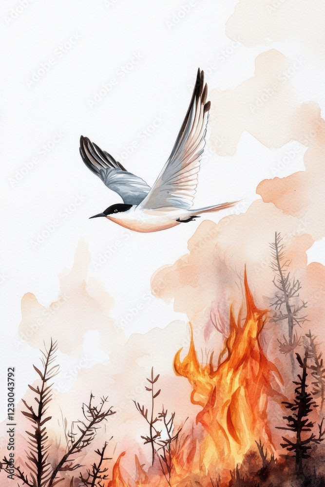 Fototapeta premium watercolor painting of lone bird flying through smoky skies, surrounded by flames and charred trees, evokes sense of resilience and beauty amidst