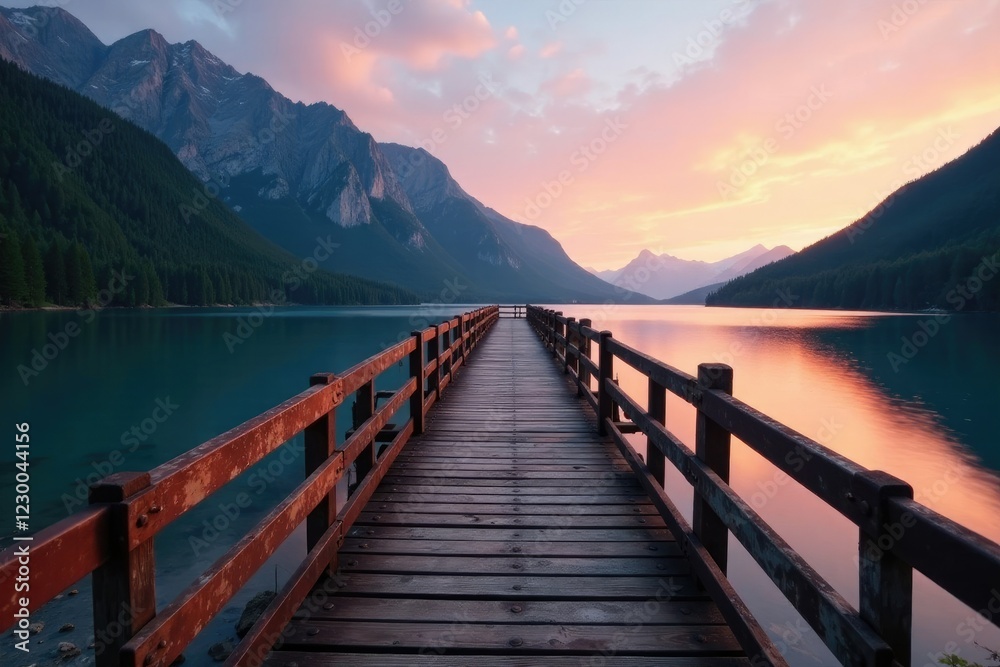 Rusted wooden bridge spans across tranquil lake at dawn, stillness, mountain Rusted wooden bridge spans across tranquil lake at dawn, stillness, mountain