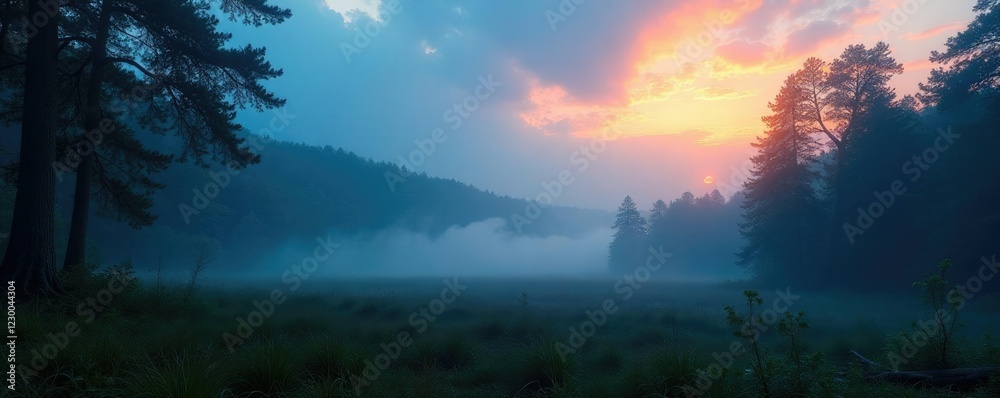 Fototapeta premium Serene forest at dawn with blue sky and misty atmosphere, trees, foliage